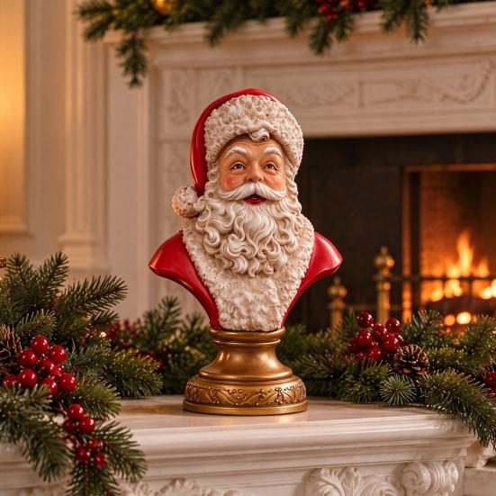 Pevná pryskyřice Vánoční dekorace Santa Claus Busta Soška, Hlava s Vintage Zlatou Uměleckou Soškou pro Sváteční Displej Základna, Stolní Figurka, Krbová Polička