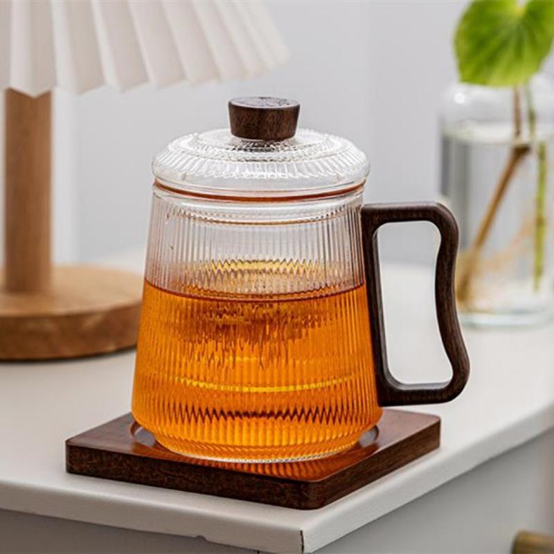 

Полупрозрачная чашка из черного стекла с деревянной крышкой, из трех частей, для разделения чая и воды, чайная чашка с боковой деревянной ручкой, стекло с вертикальным узором, чашка-рубашка синего цвета 300-525ml