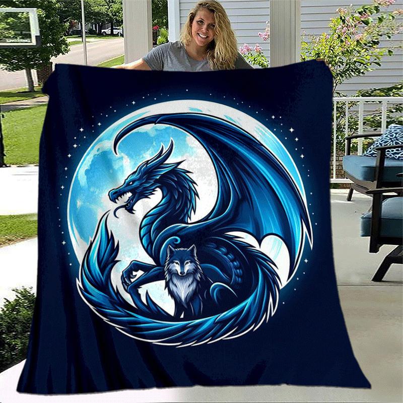 1pc Dragon Wolf Printing Lightweight Flannel Blanket, Comfortable and Warm Blanket, for Camping Sofa Bed and Couch Office, in All Seasons