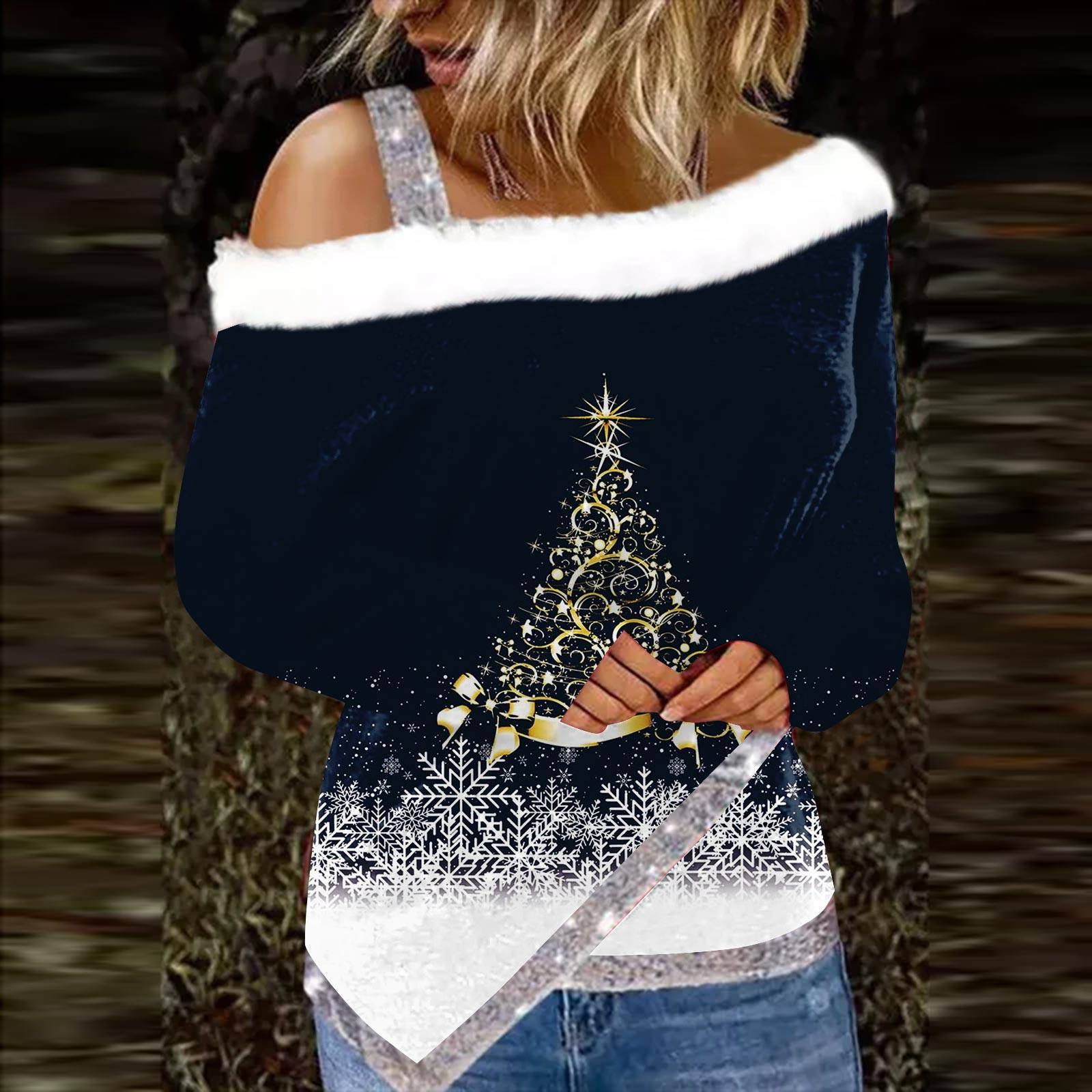 

Женская футболка с неровным краем и рождественским принтом, длинный рукав с открытыми плечами, топ с пушистым флисовым воротником M тёмно-синий