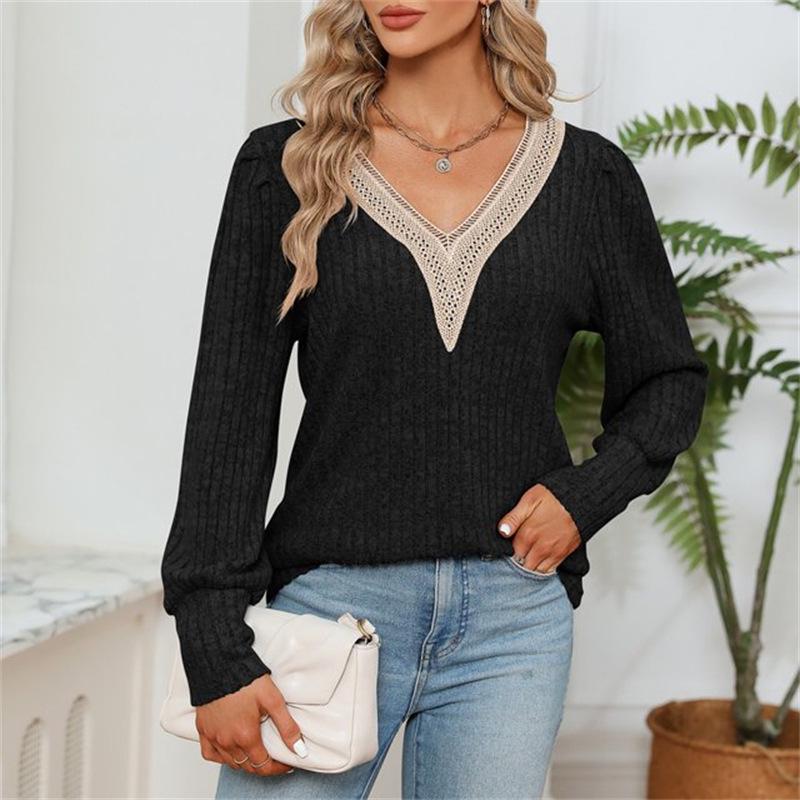 

2023 Autumn/Winter Women s V-Neck Short/Long-Sleeve Loose Fashion Top S чёрный