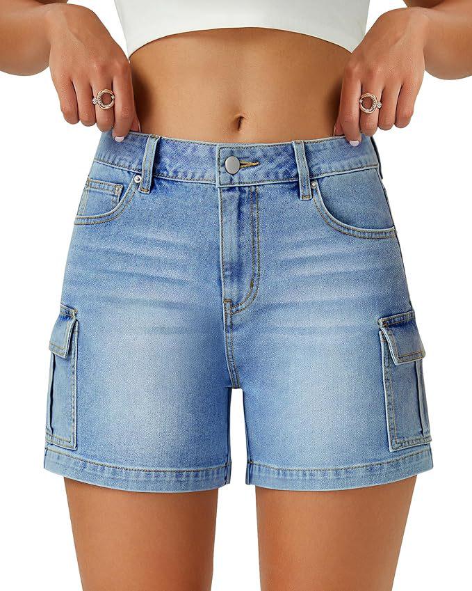 

Women s Versatile High-Waist Cargo Denim Shorts - Multi-pocket, Wide-leg, Casual Summer Style M светло-синий