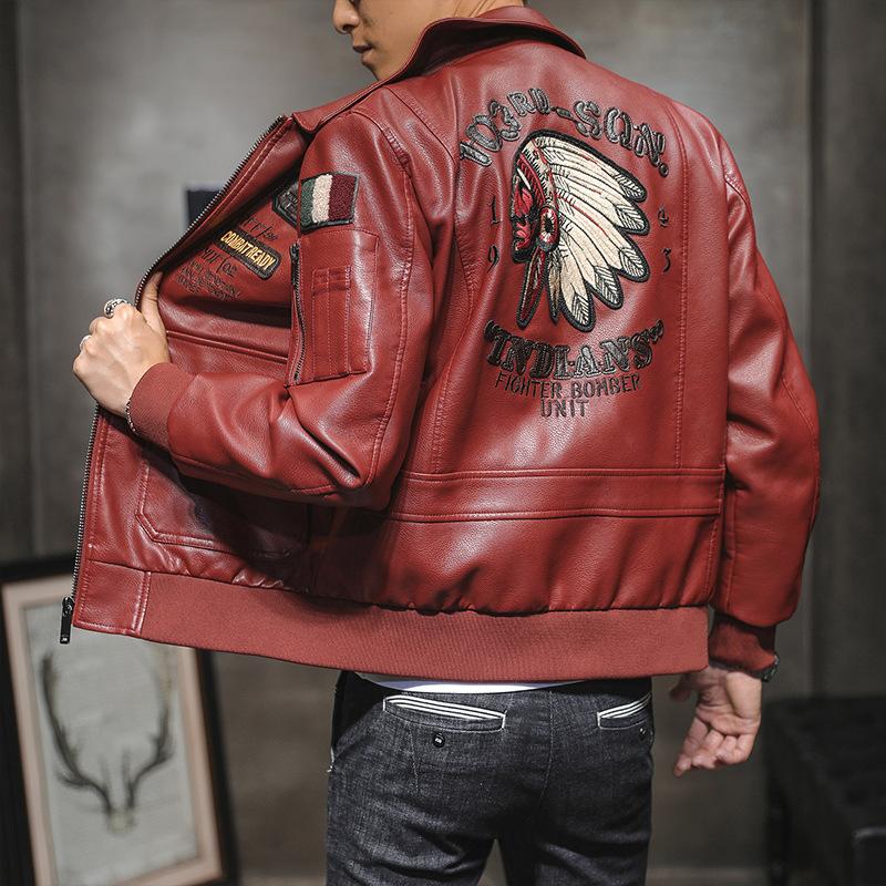 Giacca da uomo in pelle PU Giacca da moto da uomo con bavero ricamato Giacca in pelle casual di tendenza da uomo per primavera e autunno