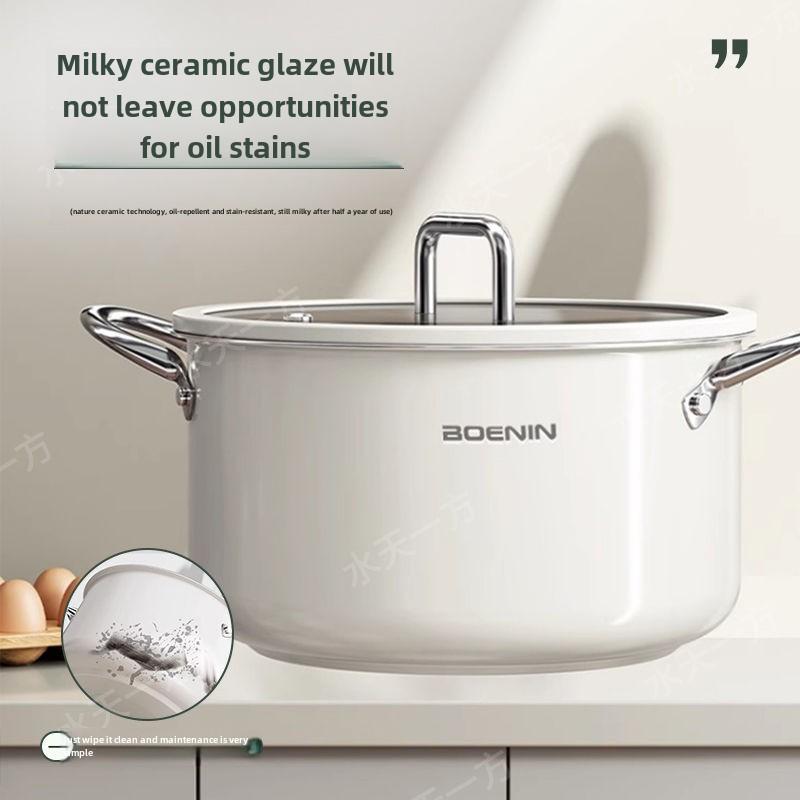 Uncoated 304 Ceramic Thickening Steamer Double Ear Milk Pot Stainless Steel Household Stockpot Induction Cooker Universal