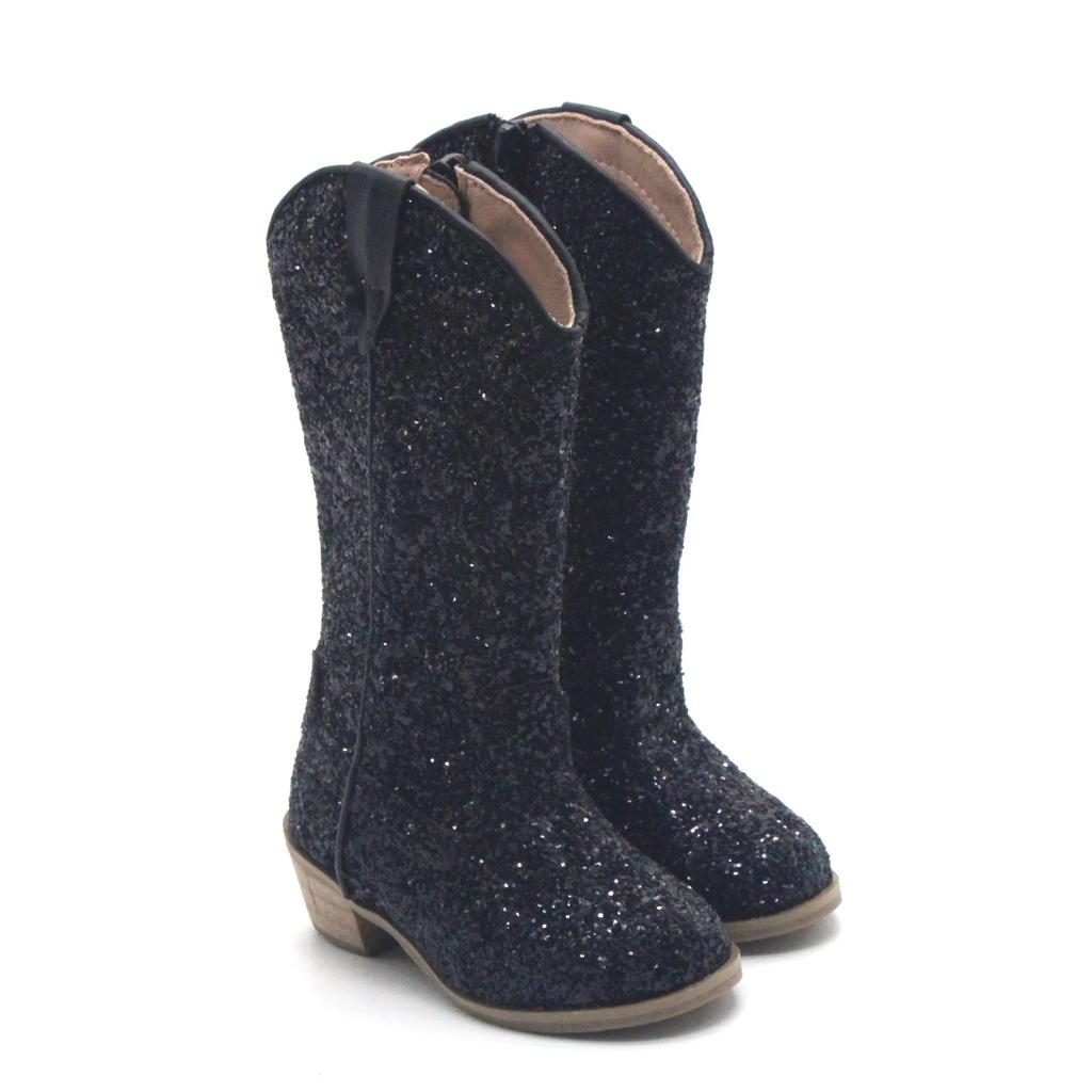 Girls Knee High Riding Boots Solid Color Glitter Leather Boot Autumn Winter Sexy Zipper Low Heel Pumps Sequin Comfortable Shoes