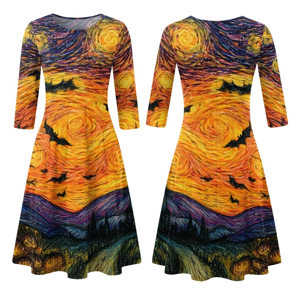 Women's Casual Midi Dress Halloween Print Round Neck Three Quarter Sleeve Mid-Length Dress Comfortable Fit