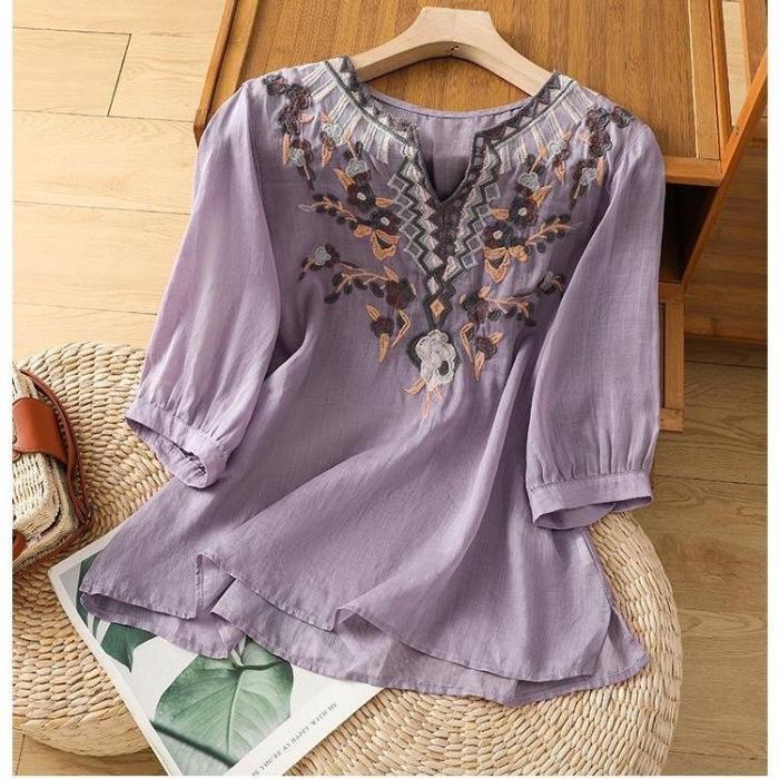Women's Summer Vintage Heavy Embroidery Cotton-Linen Blend Shirt Casual Pullover Loose-Fit Literary-Style Top