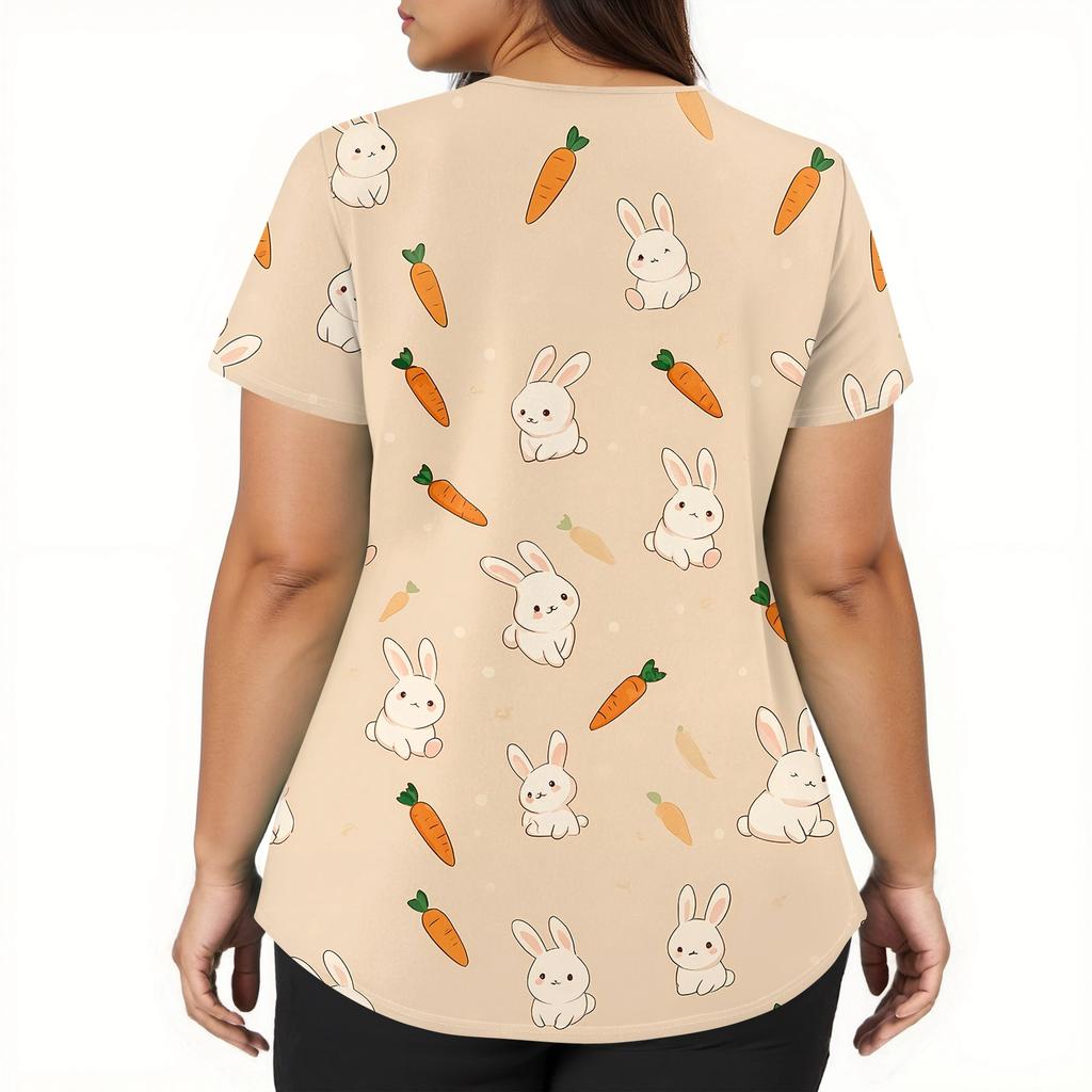 Moda damska Odzież robocza z dekoltem w serek i krótkimi rękawami z kieszeniami Topy z nadrukiem