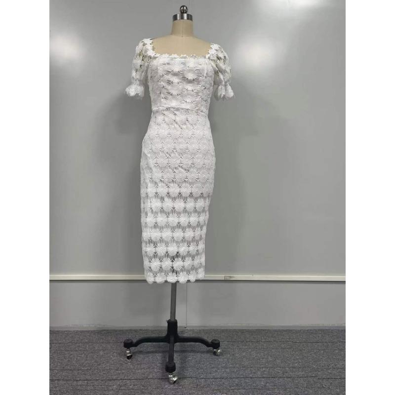 Letní dámské šaty Móda Krajka Temperament Midi Šaty Midi Pas Čistá barva Zavinovačka Odstavec Midi Dlouhé šaty