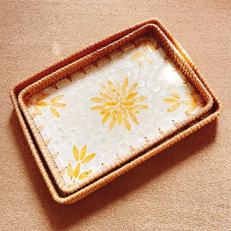 Chinese Rattan Square Shell Tray Set