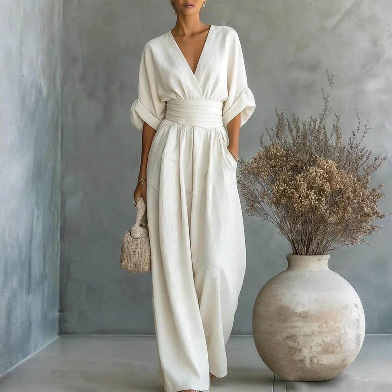 

Women s Fashion Color Slim Waist V-Neck Jumpsuit XL