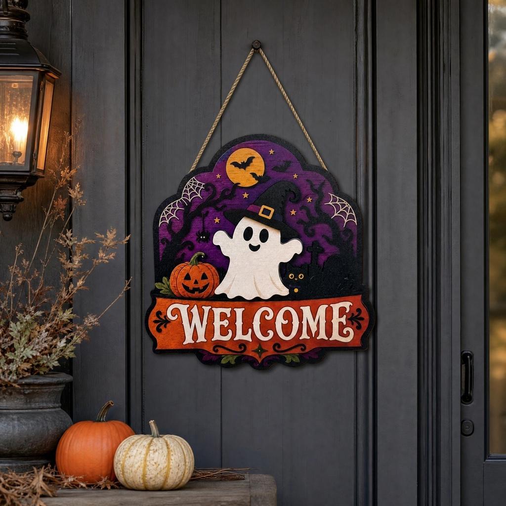 Wooden Halloween Welcome Sign with and Pumpkin Design, 2D Flat Wall Decor for Front Door