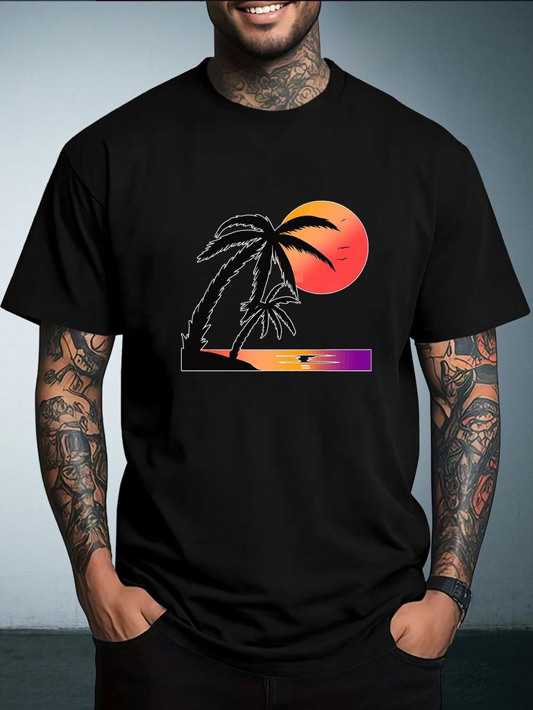 Unisex Summer White Short Sleeve Tee Gradient Sunset Coconut Palm Beach Silhouette Graphic Crew Neck Loose Casual Male Tops