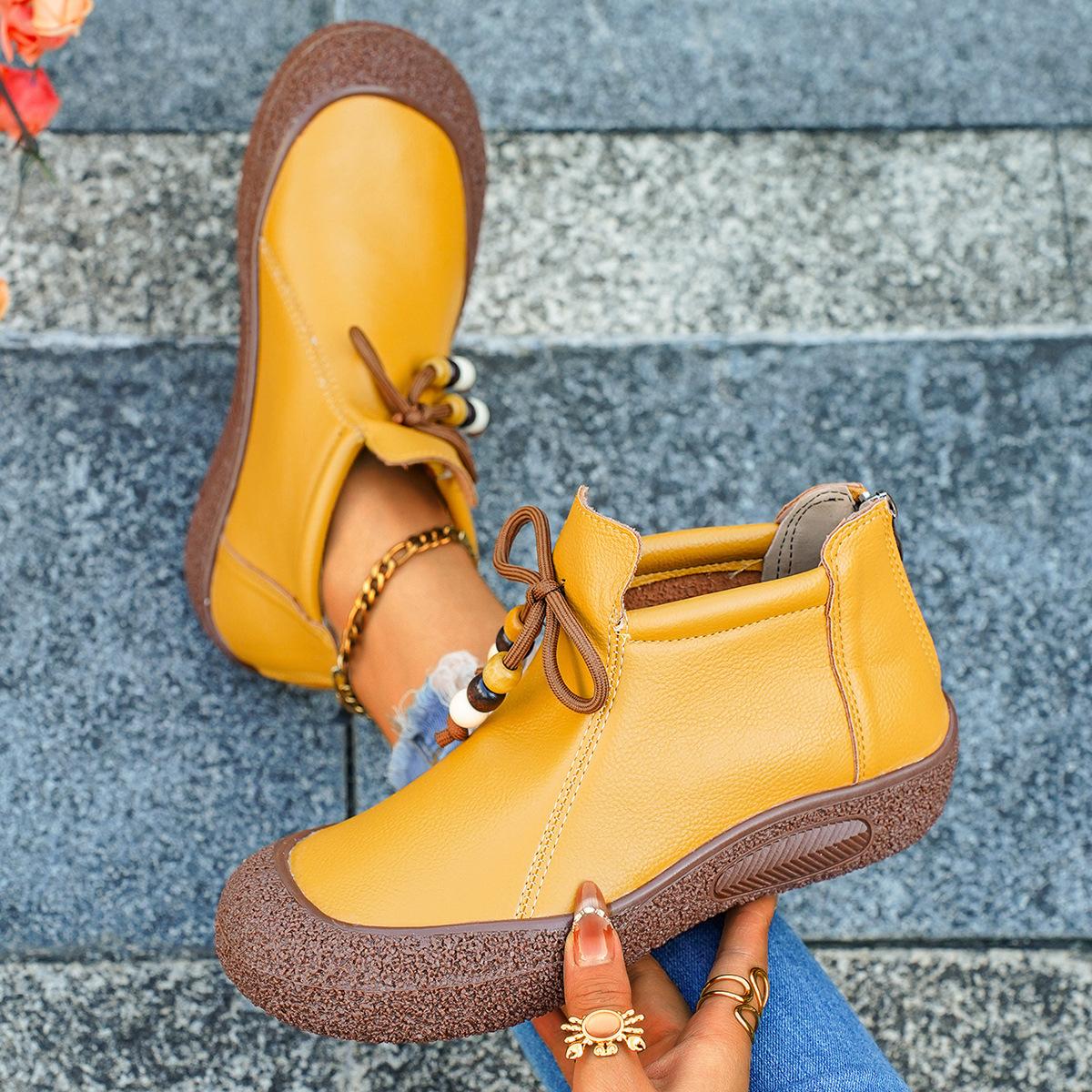 

Новая ретро мода мягкая кожа короткие ботинки женские осень и зима шнуровка мягкая подошва и щиколотка одинарные ботинки плоская подошва противоударный большой си 43 жёлтый