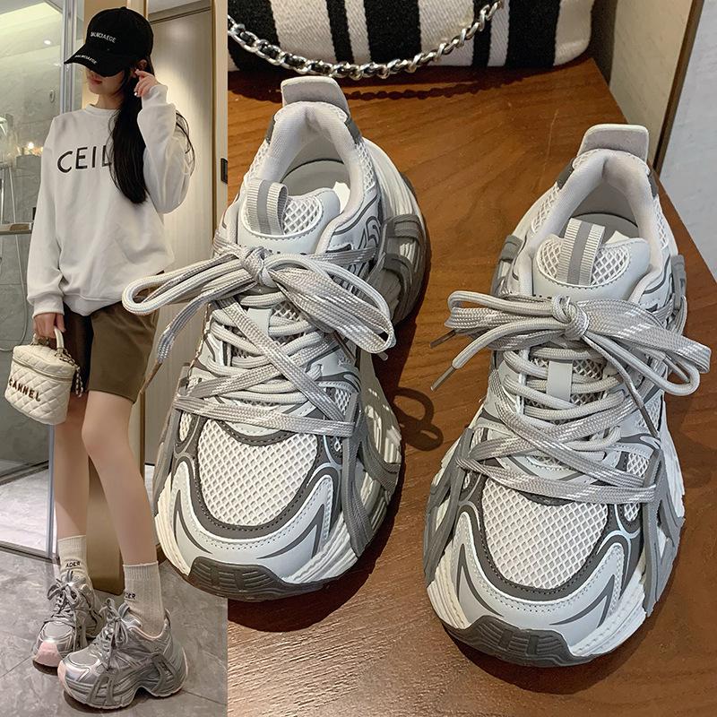 2025 early spring new casual platform women's shoes leather round head lace-up dad shoes women's height increase versatile women's single shoes