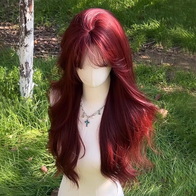 Mermaid Rose Red Long Curly Wig with Air Bangs for Women