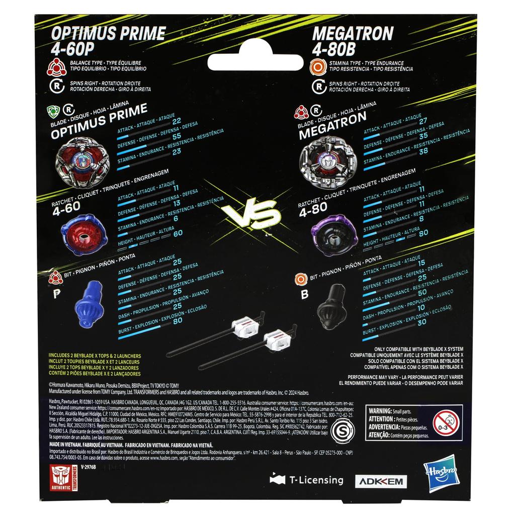 Beyblade X Transformers Collaboration Optimus Prime vs Megatron Set with 2 Tops 2 Battle Top Toy for Boys and Girls Ages 8 4-60P 4-80B Multi-Pack &