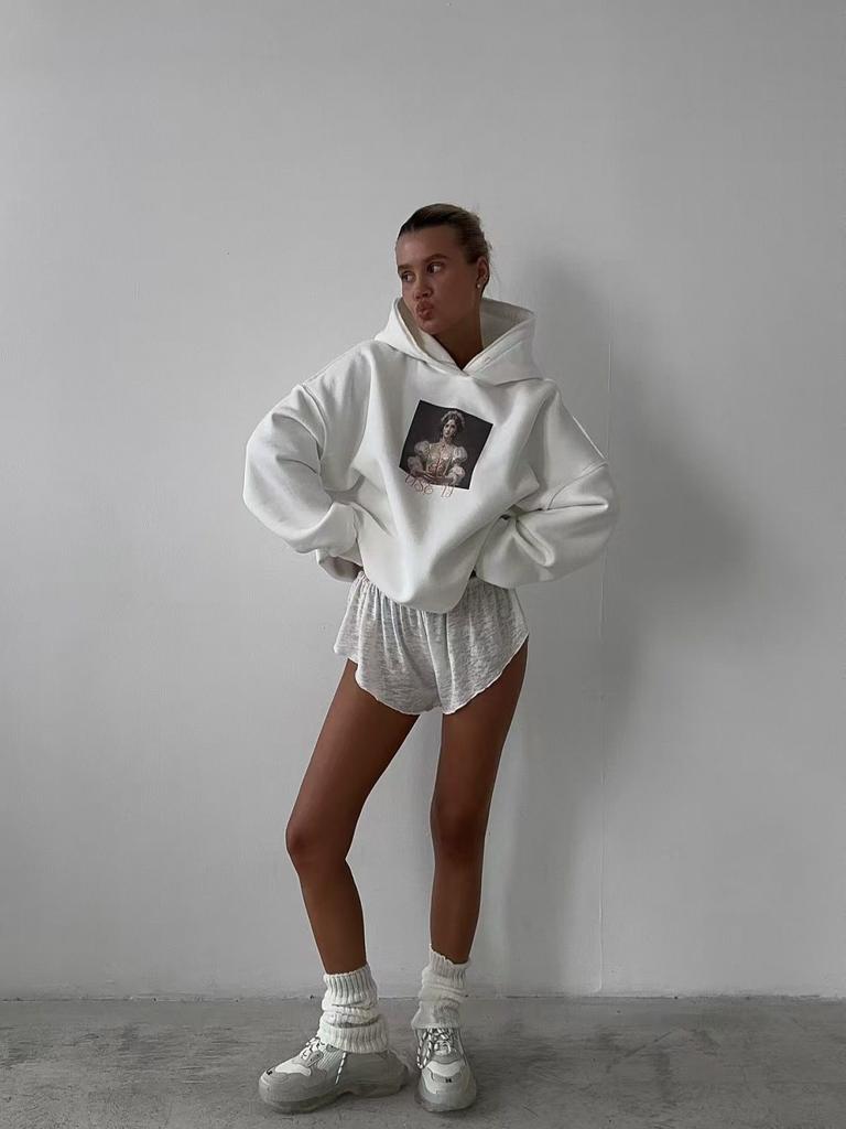 Season simple foreign style ins style lady print American thickened hooded personalized trend sweater