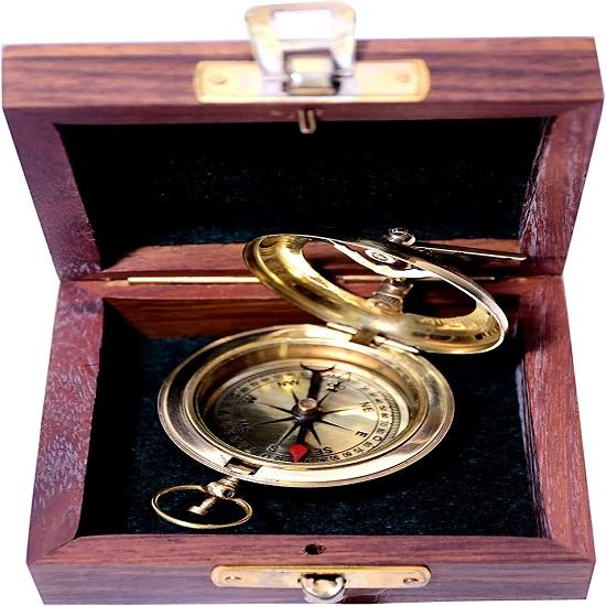 Håndlaget messing Push Open Compass med Rose Wood Case, Pocket Compass for Vandring Rustikk Vintage Home Decor Gift.
