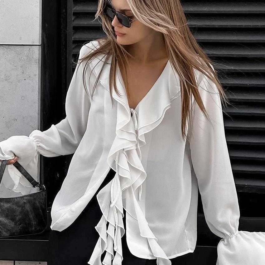 Commuter Temperament White Chiffon Ruffle Edge Horn Sleeve V-neck Lace-up Versatile Shirt Autumn Fashion Shirt Women