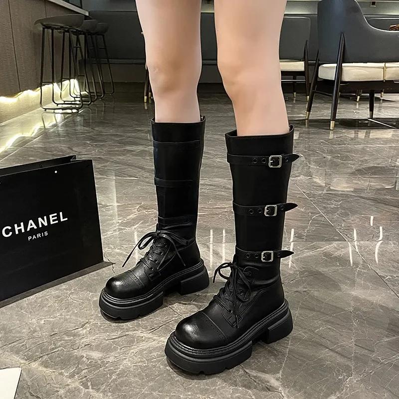 Fashion Fashion Punk Metal Buckle Platform Leather Knight Boots Shoes for Women Designer Soft-soled Autumn Witner Women Knee-high Boots