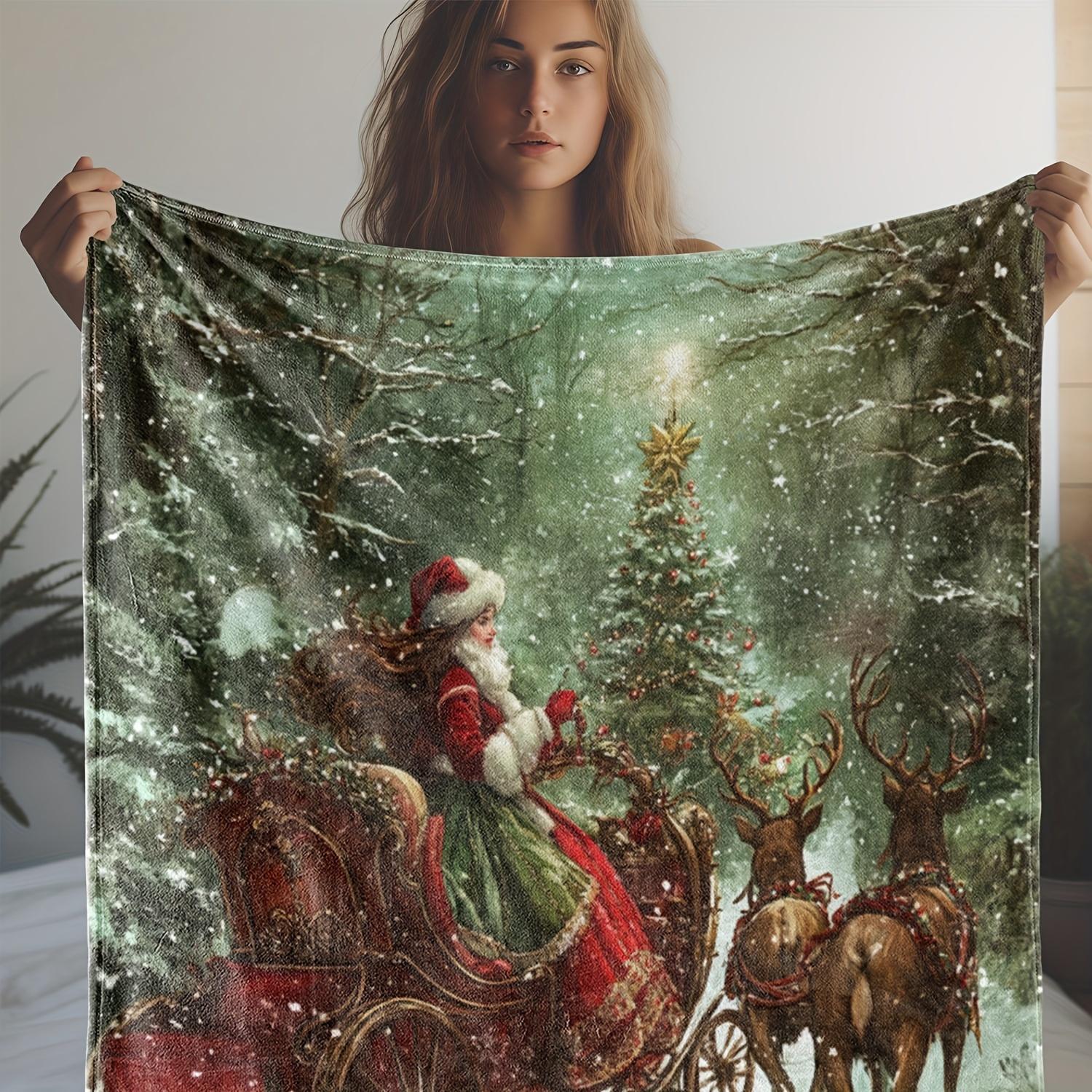 1pc Vintage Christmas Flannel Throw Blanket, Rustic Red Santa Sled with Reindeer Print, Soft Warm Cozy Blanket for Sofa, Bed, 75X95CM