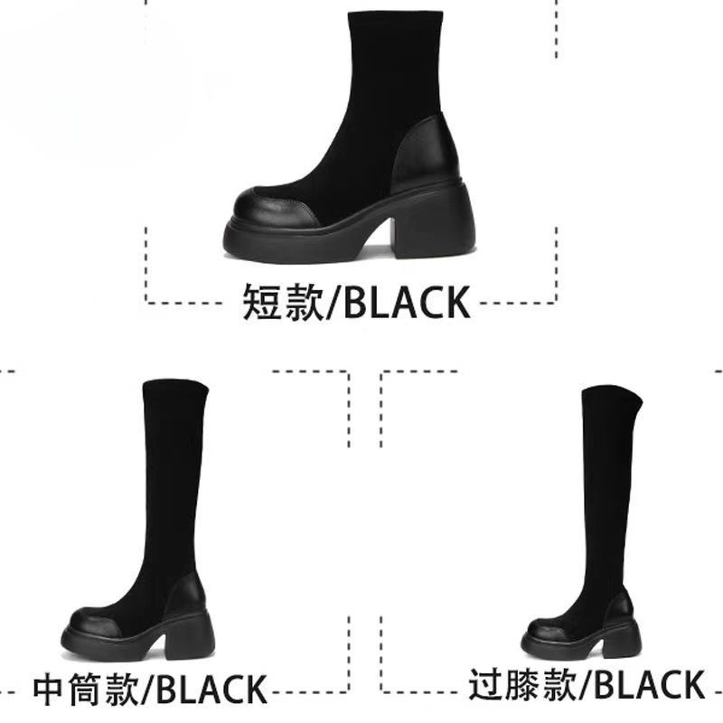 (Leather) 2025 new platform boots boots women's elastic and thin knee short boots thick heel medium boots