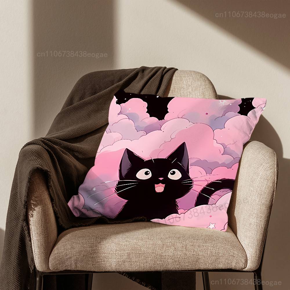 Tecknad Svart Katt Kuddfodral för Soffa i Vardagsrummet För Hem- och Sovrumsinredning och Skydd