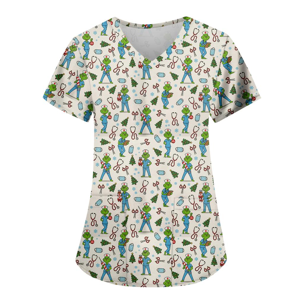 Women's Fashion Casual Christmas Print Pocket T-shirt Top