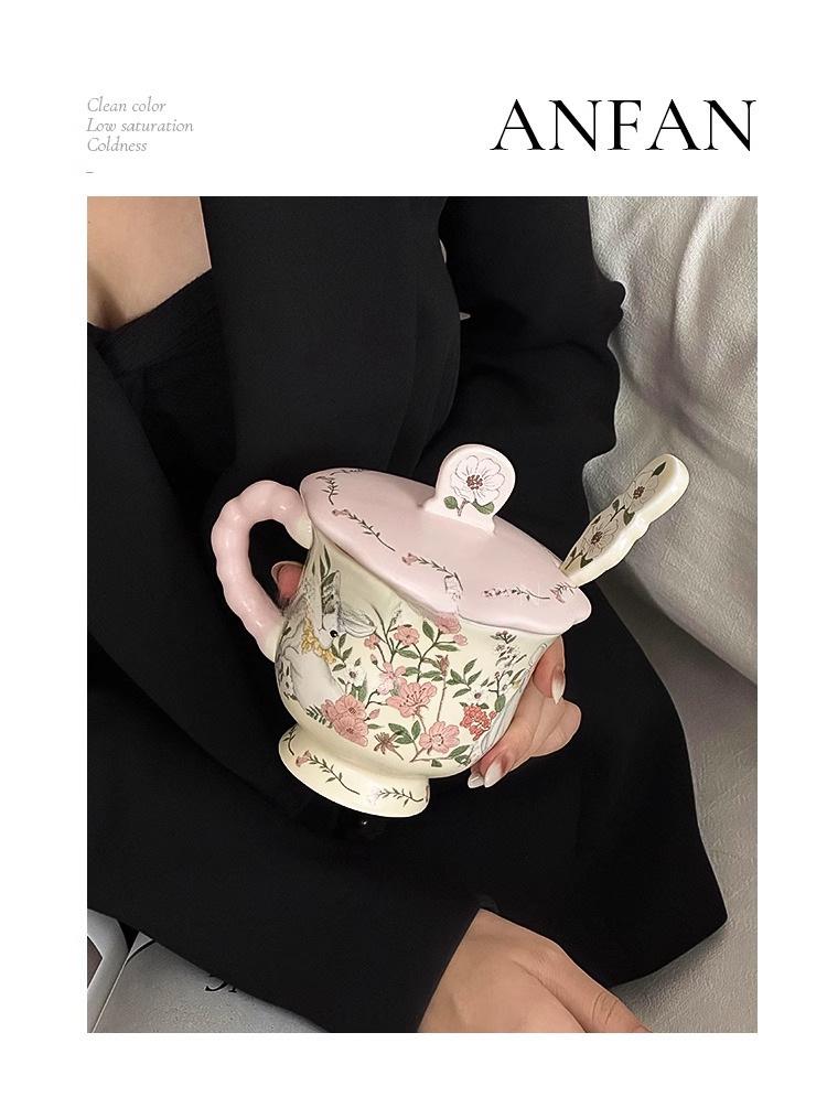 Large Ceramic Mug with Cute Rabbit and Flowers Design, Lid, and Spoon