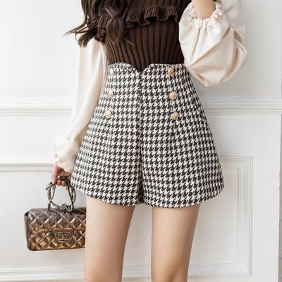 Shorts Women's High Waist Tweed A-line Casual Plaid Wide-leg Pants