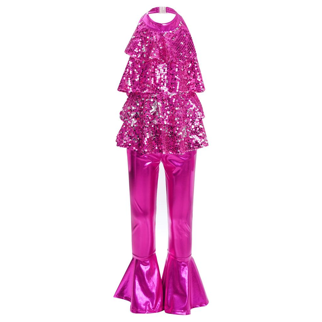 Lányok Jazz Tánc Jelmez Pántos Hátnélküli Kezeslábas Fényes Flitterek Volános Kialakítás Magas Derék Harangszárú Nadrág