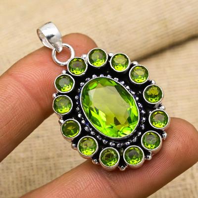 Pendente in Argento Sterling 925 Massiccio con Pietra Peridoto Fatto a Mano Ottima Catena d'Argento Gioiello