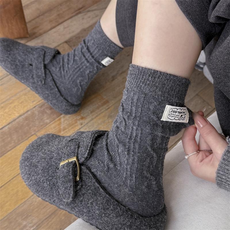 Grey-toned Autumn and Winter Wool Embroidered Soft Striped Mid-calf Socks Polka Dot Socks Women's Pile Socks