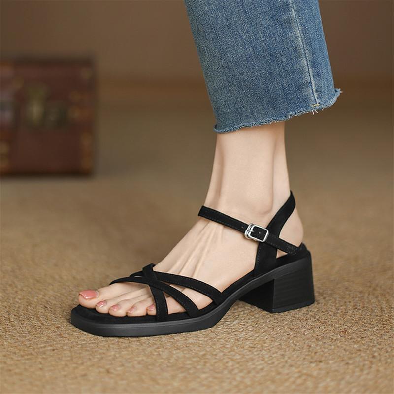 Fashion New Summer Sandals Split Leather Sandals for Women Fashion Square Toe High Heels Sandals Ladies Shoes Women Gladiator Shoes