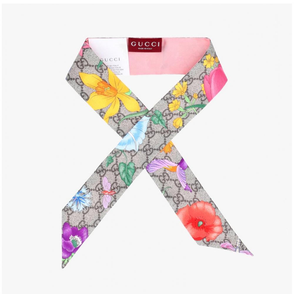 Gucci Skinny Twill Silk Scarf Flower Gg Print 609317 3g001 9772