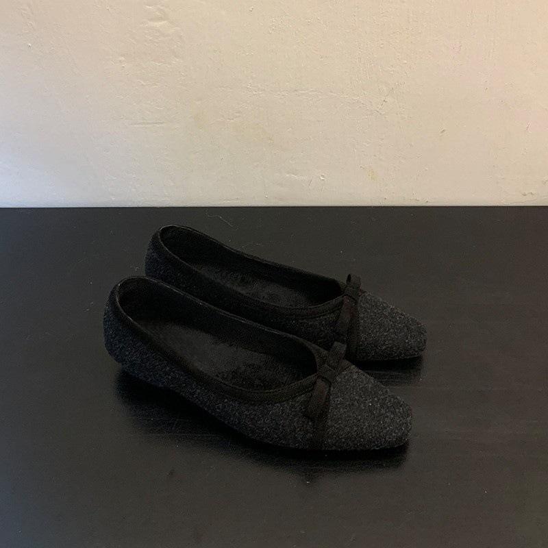 Bow square head shallow mouth single shoes thick heel commuter shoes 2025 autumn and winter plush shoes