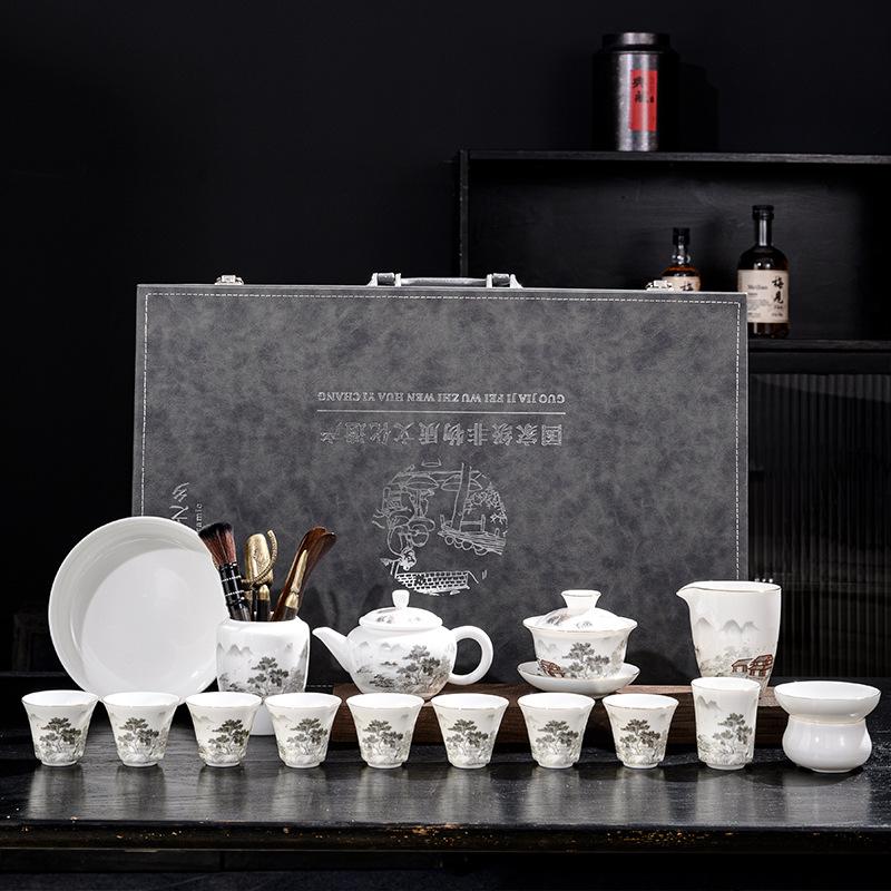 Intangible Cultural Heritage Ceramic Tea Set 16 Head Suet Jade Porcelain Large Set Ink Landscape Kung Fu Teacup Teapot Cover Bowl
