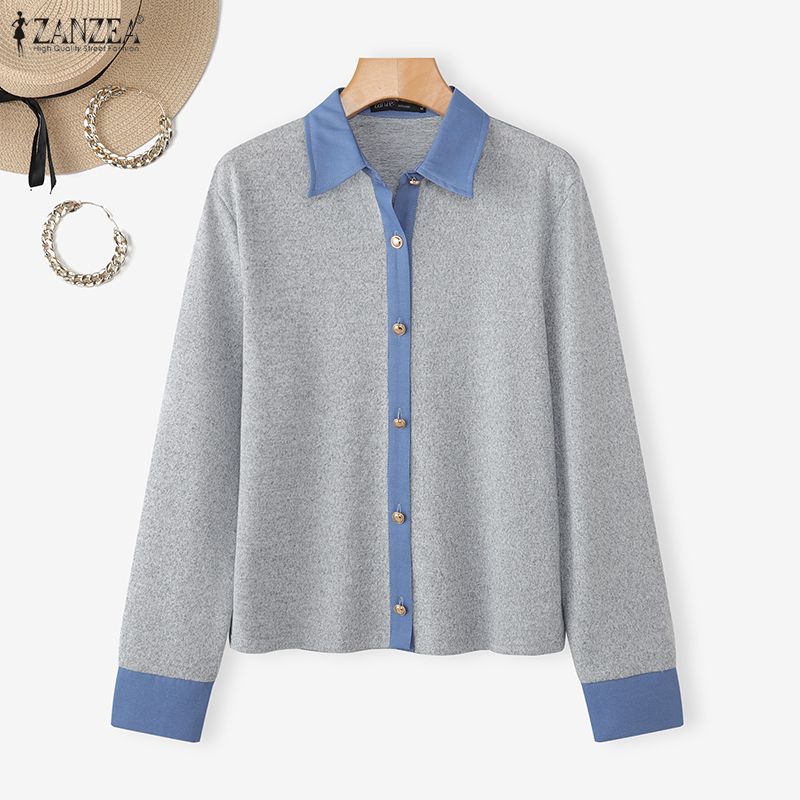 ZANZEA Women Casual Turn Down Collar Loose Long Sleeve Blouse