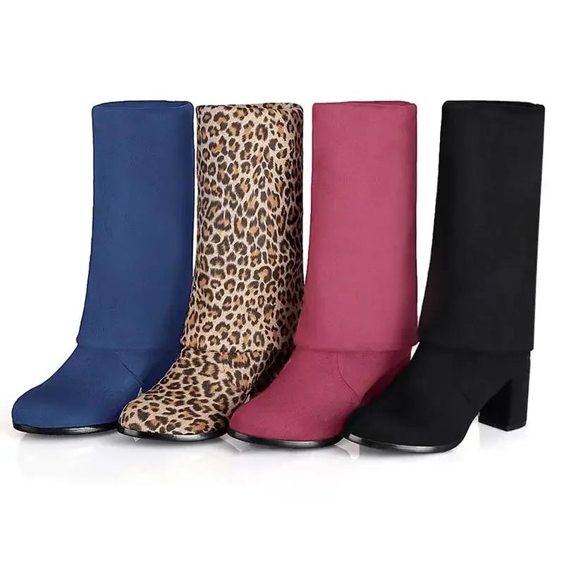 Fashion Faux Suede Boots Leopard Women Sexy Long Boots Over The Knee Thigh High Pointed Toe Chunky Heel Zipper Pull on 43