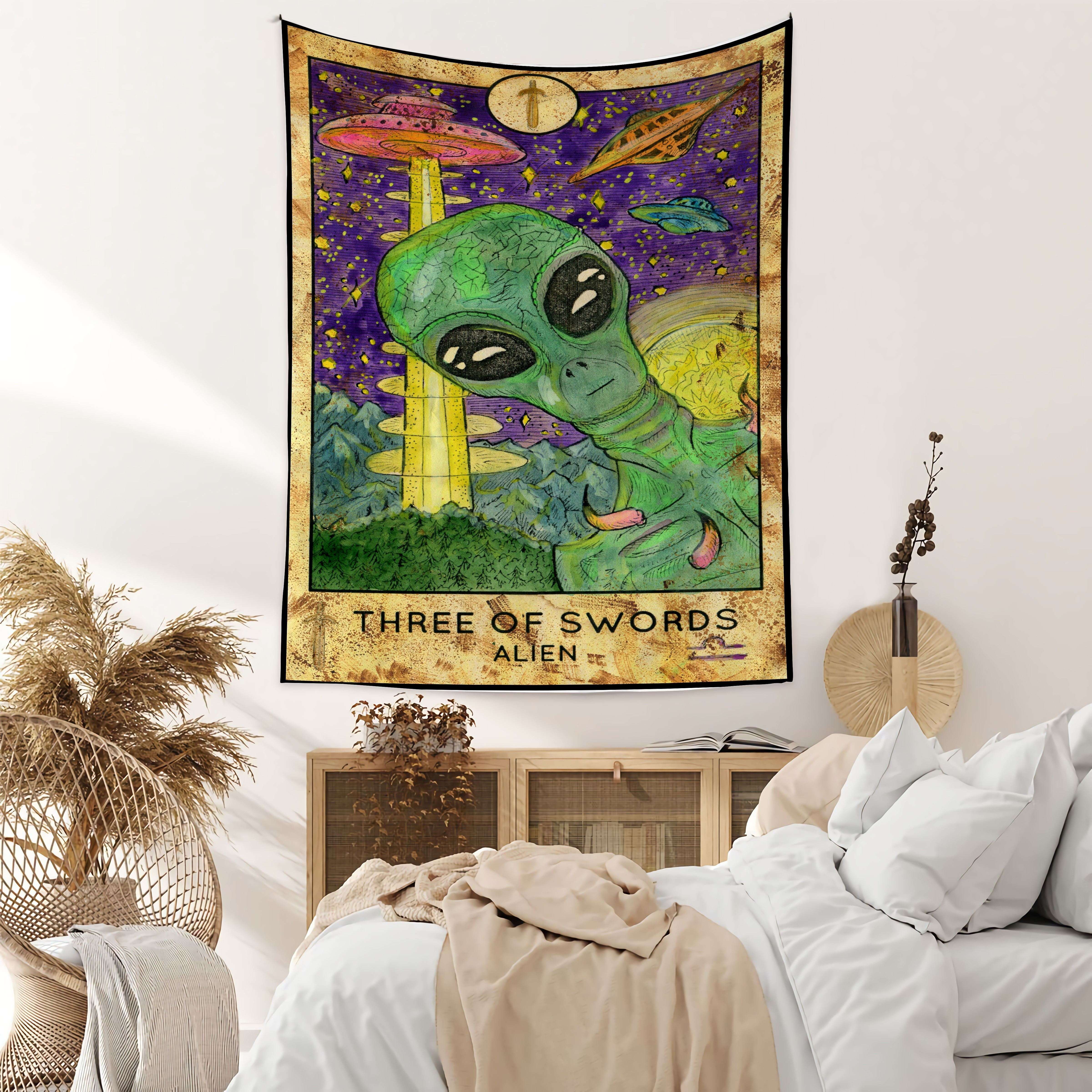 

VIKAMA ThreeSword Alien Tapestry GreenSkin Alien UFO Starry Sky Mural Fantasy Trendy Sofa Backdrop Wall Room Decor 74x94cm(29x37in)