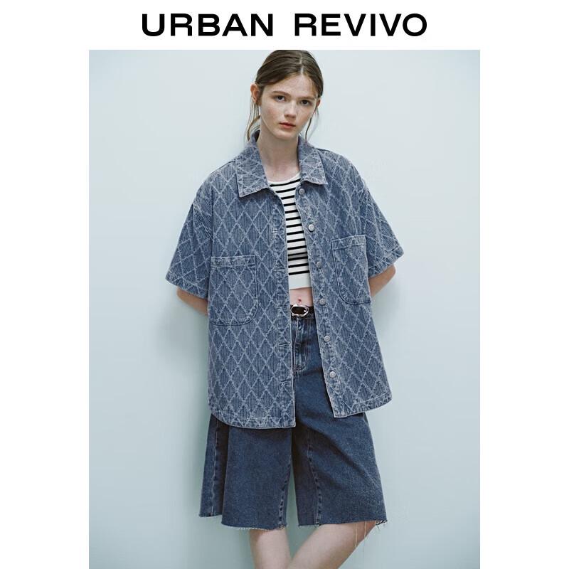 UR 2025 Autumn Women s Retro Jacquard Denim Short-Sleeve Shirt M