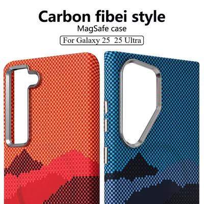 For Samsung Galaxy S25 Ultra Carbon Fibre Relief MagSafe Phone Case S23 S24Ultra Plus Wireless Charging Hard PC Shockproof Cover