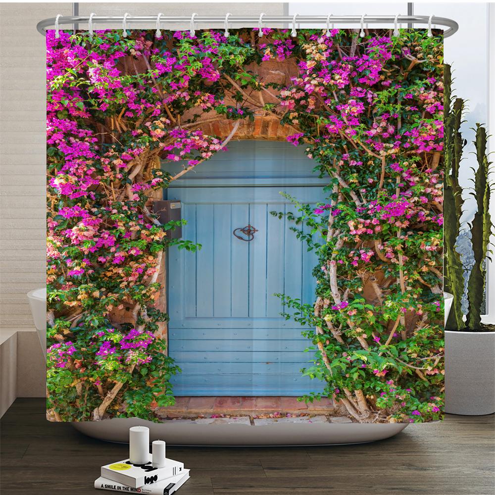 Flowers Scenery Waterproof Shower Curtains Rural Street Flowers Bathroom Curtains Polyester Fabric Washable Decor Bath Curtains