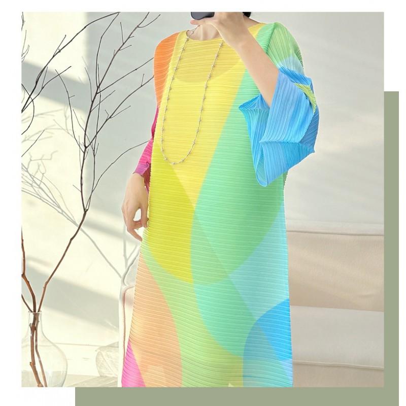 Geometric Print Pleated A-Line Midi Dress With Flared Sleeves Loose Fit