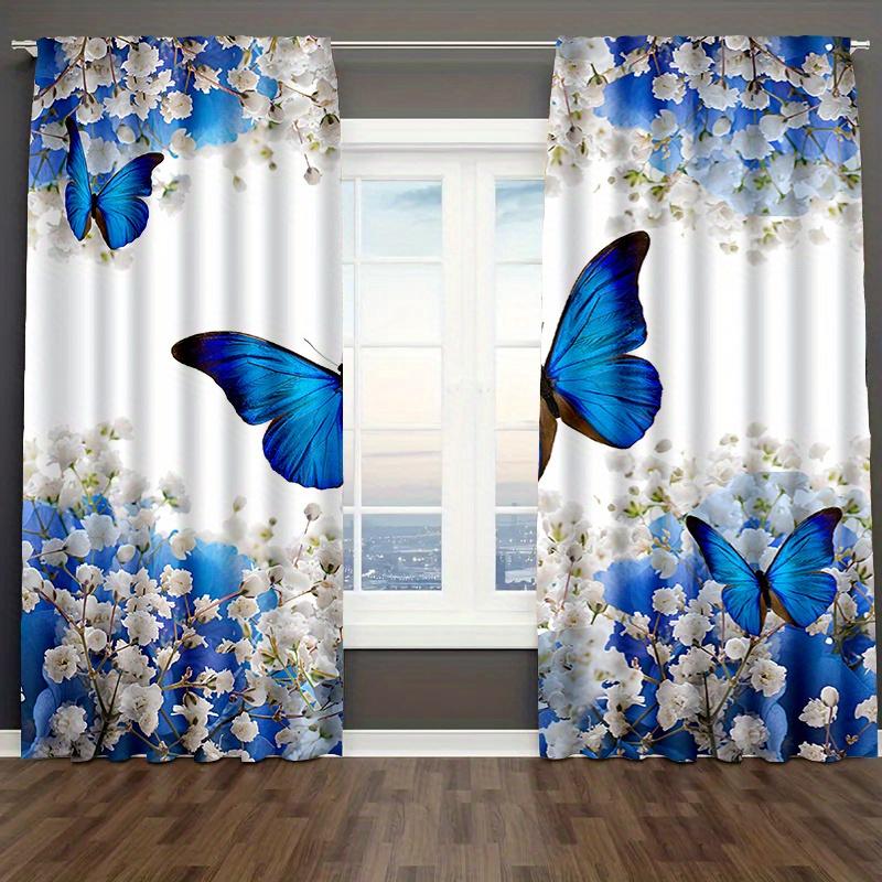 2-teiliges Vorhang-Set, blaue Schmetterlingsblumen-Türvorhang mit Stangentasche, geeignet für Schlafzimmer und Wohnzimmer