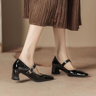 H759-2 Black High Heels Women's Word with Mary Jane Women's Shoes Patent Leather Leather Insoles Shoes Women's Spring New