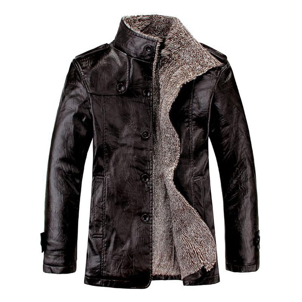 Men's Fashionable Shearling-Lined Fleece-Lined Thickened Leather Jacket Large Size Casual Cool Biker- Outerwear