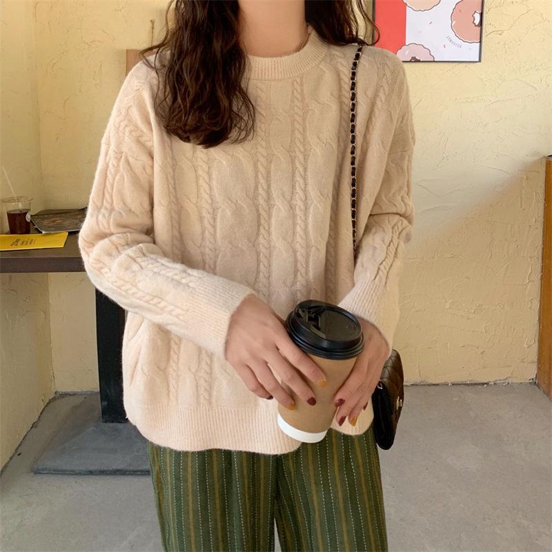 Twist knitted sweater pullover women's autumn and winter new round neck threaded lazy wind thick primer sweater