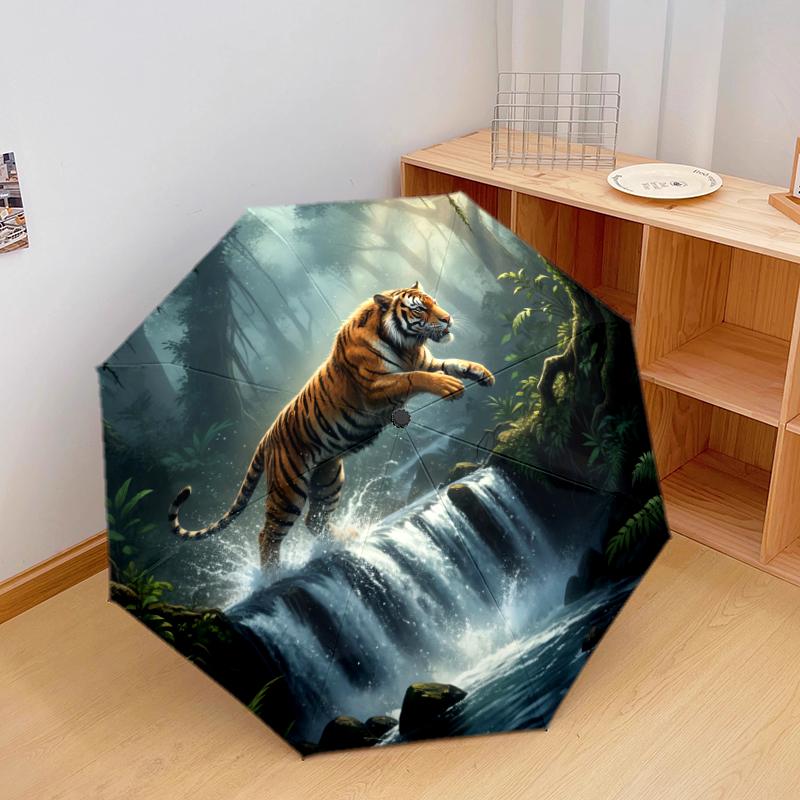 1 PC Automatic Folding Umbrella - Tiger Hunting Its Prey Pattern, Portable & Foldable Design with 8 Ribs, Christmas Birthday Gifts
